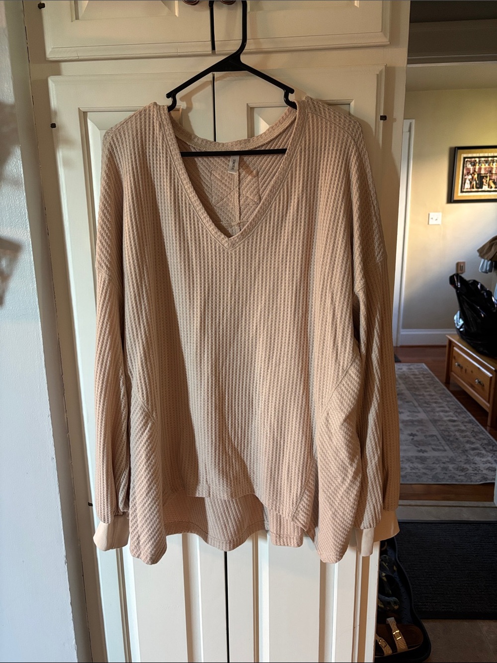 Women's V-Neck Waffle Knit Long Sleeve Top - Beige